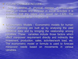 • FUTURE CHANGES INCLUDE :
• Due to decline in physical stamina of employees,
change in values and increase in social activities it is
estimated that the future ratio would be 1:420. The
foremen required as on 1-1-2013 = 6.
• Ii)Econometric Models : Econometric models for human
resource planning are built up by analysing the past
statistical data and by bringing the relationship among
variables. These variables include those factors which
affect manpower requirement directly and indirectly like
investment, production, sales, activities/work load, etc.
The econometric model or formula is used to forecast
manpower needs based on movements in various
variables.
 