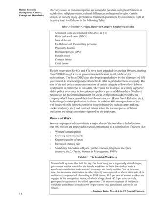Human Resource           Diversity issues in Indian companies are somewhat peculiar owing to differences in
Management: Context,     social ethos, religious origins, cultural differences and regional origins. Certain
Concept and Doundaries
                         sections of society enjoy a preferential treatment, guaranteed by constitution, right at
                         the entry level itself shown in the following Table.

                                       Table 3: Minority Groups, Reserved Category Employees in India

                                 Scheduled costs and scheduled tribes (SCs & STs)
                                 Other backward castes (OBCs)
                                 Sans of the soil
                                 Ex-Defence and Para-military personnel
                                 Physically disabled
                                 Displaced persons (DPs)
                                 Gender issues
                                 Contract labour
                                 Child labour

                         The job reservation for SCs and STs have been extended for another 10 years, starting
                         from 2,000 tl1rough a recent government notification, in all public sector
                         undertakings. The list of OBCs has also been expanded now by the Vajpayee-led BJP
                         government, to extend employment benefits to other neglected sections of society. The
                         sons of the soil policy ensures reservation of certain category of lower level jobs to
                         local people in preference to outsiders. Shiv Sena, for example, is a strong supporter
                         of this policy ever since its inception as a political party in Maharashtra. Displaced
                         persons too get preferential treatment for lower level positions advertised by the
                         company which has acquired their land/house sites, etc. (Essar Steel, Reliance, etc.),
                         for building factories/production facilities. In addition, HR managers have to deal
                         with issues of child labour (a sensitive issue in industries such as carpet making,
                         crackers industry, etc.) and contract labour where the various pieces of labour
                         legislation are being conveniently ignored by the employers.

                         Women at Work
                         Women employees today constitute a major share of the workforce. In India alone
                         over 400 million are employed in various streams due to a combination of factors like:
                         l       Women’s emancipation
                         l       Growing economic needs
                         l       Greater equality of sexes
                         l       Increased literacy rate
                         l       Suitability for certain soft jobs (public relations, telephone reception
                                 counters, etc.). (Praxis, Women in Management, 1999)
                                                       Exhibit 1: The Invisible Workforce

                             Women hold up more than half the sky. Far from being just a vigorously uttered slogan,
                             government studies reveal that the female workforce in India does indeed make a
                             significant contribution to the nation’s economy and family welfare. Yet, at the same
                             time, this economic contribution is either abjectly unrecognized or where taken note of, is
                             qualitatively unprotected. According to 1981 census, 89.5 per cent of women workers are
                             engaged in the unorganized sector, of which a huge chunk -82.3 per cent -actively
                             participate in agricultural and allied operations. This massive segment of the female
                             workforce contributes as much as 60-70 per cent to total agricultural activity in our
                             village.
                                                                      –Business India, March 6 to 19. Special Feature.
1 6
 