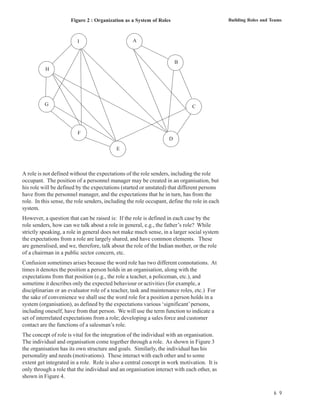 Figure 2 : Organization as a System of Roles                            Building Roles and Teams



                         I                         A



                                                                       B
          H




          G                                                                   C




                         F
                                                                   D
                                           E



A role is not defined without the expectations of the role senders, including the role
occupant. The position of a personnel manager may be created in an organisation, but
his role will be defined by the expectations (started or unstated) that different persons
have from the personnel manager, and the expectations that he in turn, has from the
role. In this sense, the role senders, including the role occupant, define the role in each
system.
However, a question that can be raised is: If the role is defined in each case by the
role senders, how can we talk about a role in general, e.g., the father’s role? While
strictly speaking, a role in general does not make much sense, in a larger social system
the expectations from a role are largely shared, and have common elements. These
are generalised, and we, therefore, talk about the role of the Indian mother, or the role
of a chairman in a public sector concern, etc.
Confusion sometimes arises because the word role has two different connotations. At
times it denotes the position a person holds in an organisation, along with the
expectations from that position (e.g., the role a teacher, a policeman, etc.), and
sometime it describes only the expected behaviour or activities (for example, a
disciplinarian or an evaluator role of a teacher, task and maintenance roles, etc.) For
the sake of convenience we shall use the word role for a position a person holds in a
system (organisation), as defined by the expectations various ‘significant’ persons,
including oneself, have from that person. We will use the term function to indicate a
set of interrelated expectations from a role; developing a sales force and customer
contact are the functions of a salesman’s role.
The concept of role is vital for the integration of the individual with an organisation.
The individual and organisation come together through a role. As shown in Figure 3
the organisation has its own structure and goals. Similarly, the individual has his
personality and needs (motivations). These interact with each other and to some
extent get integrated in a role. Role is also a central concept in work motivation. It is
only through a role that the individual and an organisation interact with each other, as
shown in Figure 4.

                                                                                                                  6 9
 