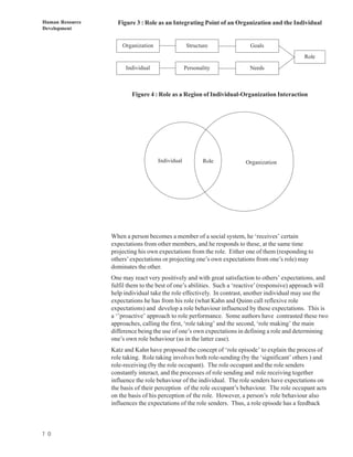 Human Resource     Figure 3 : Role as an Integrating Point of an Organization and the Individual
Development


                     Organization                Structure               Goals
                                                                                               Role
                      Individual                 Personality             Needs



                         Figure 4 : Role as a Region of Individual-Organization Interaction




                                    Individual          Role           Organization




                 When a person becomes a member of a social system, he ‘receives’ certain
                 expectations from other members, and he responds to these, at the same time
                 projecting his own expectations from the role. Either one of them (responding to
                 others’ expectations or projecting one’s own expectations from one’s role) may
                 dominates the other.
                 One may react very positively and with great satisfaction to others’ expectations, and
                 fulfil them to the best of one’s abilities. Such a ‘reactive’ (responsive) approach will
                 help individual take the role effectively. In contrast, another individual may use the
                 expectations he has from his role (what Kahn and Quinn call reflexive role
                 expectations) and develop a role behaviour influenced by these expectations. This is
                 a ‘’proactive’ approach to role performance. Some authors have contrasted these two
                 approaches, calling the first, ‘role taking’ and the second, ‘role making’ the main
                 difference being the use of one’s own expectations in defining a role and determining
                 one’s own role behaviour (as in the latter case).
                 Katz and Kahn have proposed the concept of ‘role episode’ to explain the process of
                 role taking. Role taking involves both role-sending (by the ‘significant’ others ) and
                 role-receiving (by the role occupant). The role occupant and the role senders
                 constantly interact, and the processes of role sending and role receiving together
                 influence the role behaviour of the individual. The role senders have expectations on
                 the basis of their perception of the role occupant’s behaviour. The role occupant acts
                 on the basis of his perception of the role. However, a person’s role behaviour also
                 influences the expectations of the role senders. Thus, a role episode has a feedback



7 0
 