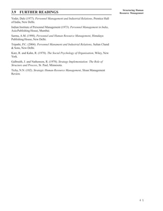 Structuring Human
3.9 FURTHER READINGS                                                               Resource Managemnet

Yoder, Dale (1977). Personnel Management and Industrial Relations, Prentice Hall
of India, New Delhi.
Indian Institute of Personnel Management (1973). Personnel Management in India,
Asia Publishing House, Mumbai.
Sarma, A.M. (1998). Personnel and Human Resource Management, Himalaya
Publishing House, New Delhi.
Tripathi, P.C. (2004). Personnel Manament and Industrial Relations, Sultan Chand
& Sons, New Delhi.
Katz, R. and Kahn, R. (1978). The Social Psychology of Organisation, Wiley, New
York.
Galbraith, J. and Nathonson, R. (1978). Strategy Implementation: The Role of
Structure and Process, St. Paul, Minnesota.
Tichy, N.N. (182). Strategic Human Resource Management, Sloan Management
Review.




                                                                                                  4 5
 