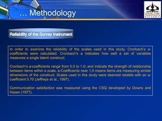 … Methodology
In order to examine the reliability of the scales used in this study, Cronbach’s a-
coefficients were calculated. Cronbach’s a indicates how well a set of variables
measures a single latent construct.
Cronbach’s a-coefficients range from 0.0 to 1.0, and indicate the strength of relationship
between items within a scale. a-Coefficients near 1.0 means items are measuring similar
dimensions of the construct. Scales used in this study were deemed reliable with an a-
coefficient 0.70 (Jeffreys et al., 1997).
Communication satisfaction was measured using the CSQ developed by Downs and
Hazen (1977).
 