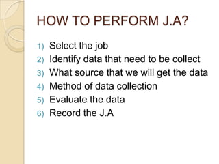 HOW TO PERFORM J.A?
1) Select the job
2) Identify data that need to be collect
3) What source that we will get the data
4) Method of data collection
5) Evaluate the data
6) Record the J.A
 