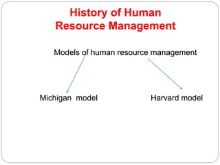 History of Human
Resource Management
Models of human resource management
Michigan model Harvard model
 