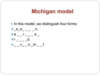 Michigan model
 In this model, we distinguish four forms:
_e_e_ _ _ _ n,
a _ _ r _ _ _ a _
r _ _ _ _d.
_ _ v_ _ o _m _ _ t
 