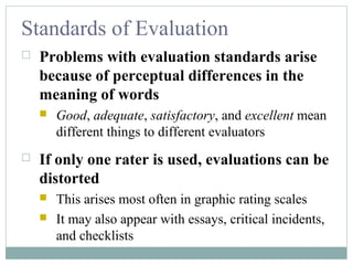 Standards of Evaluation
 Problems with evaluation standards arise
because of perceptual differences in the
meaning of words
 Good, adequate, satisfactory, and excellent mean
different things to different evaluators
 If only one rater is used, evaluations can be
distorted
 This arises most often in graphic rating scales
 It may also appear with essays, critical incidents,
and checklists
 