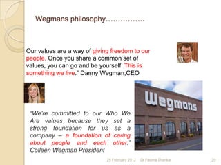 Wegmans philosophy…………….



Our values are a way of giving freedom to our
people. Once you share a common set of
values, you can go and be yourself. This is
something we live.” Danny Wegman,CEO




 ―We’re committed to our Who We
 Are values because they set a
 strong foundation for us as a
 company – a foundation of caring
 about people and each other.‖
 Colleen Wegman President
                             28 February 2012   Dr.Padma Shankar   20
 