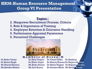 HRM-Human Resource Management  Group VI Presentation M  e  m  b  e  r  s  o f  G  r  o  u  p  -  VI Dr.Rinku Tomer Dr.Ekta Chopra Dr.Vineet Sikka Dr.Neelima Dr.Kamal Singh  Dr.Richa Gupta Dr.Neeraj Sharma Dr.Najam Ali  Khan  Mr.Sharad Sharma Mr.Rinku Kumar  Dr.Mansi Nagpal Dr.Kalpana  Panwar  Ms.Monika Mathur Mr.Anil Kumar Dr.Sunaina Bhatti Mr.Ravish  Kumar ,[object Object],[object Object],[object Object],[object Object],[object Object],[object Object]