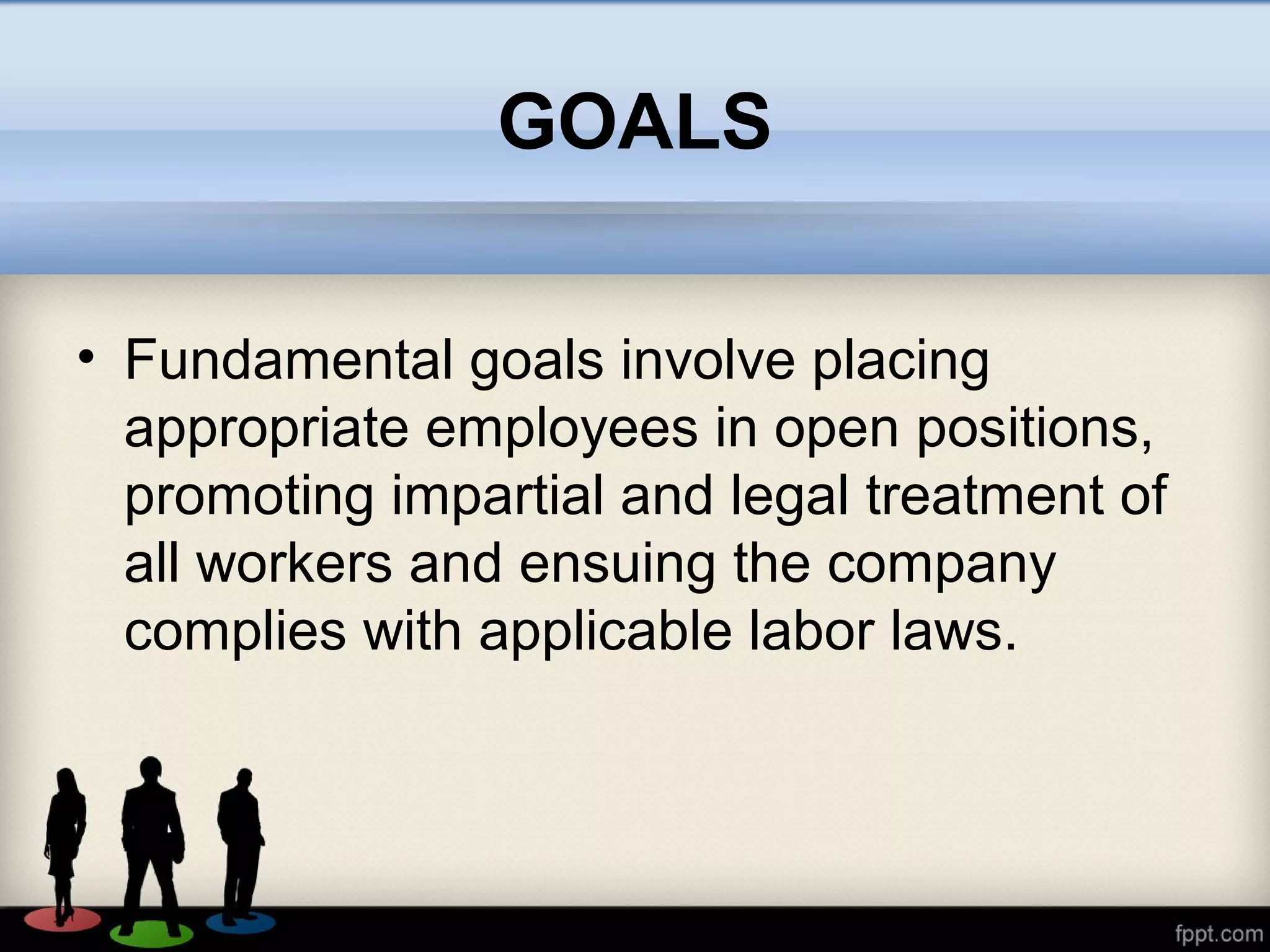 GOALS
• Fundamental goals involve placing
appropriate employees in open positions,
promoting impartial and legal treatment of
all workers and ensuing the company
complies with applicable labor laws.
 