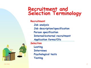 Recruitment and Selection Terminology Recruitment Job analysis Job description/specification Person specification Internal/external recruitment Application forms/CVs Selection Leeting Interviews  Psychological tests Testing 