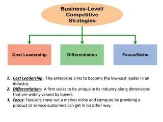 1. Cost Leadership: The enterprise aims to become the low-cost leader in an
industry.
2. Differentiation: A firm seeks to be unique in its industry along dimensions
that are widely valued by buyers.
3. Focus: Focusers crave out a market niche and compute by providing a
product or service customers can get in no other way.
 