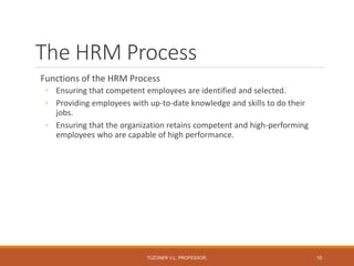 The HRM Process
Functions of the HRM Process
◦ Ensuring that competent employees are identified and selected.
◦ Providing employees with up-to-date knowledge and skills to do their
jobs.
◦ Ensuring that the organization retains competent and high-performing
employees who are capable of high performance.
TÜZÜNER V.L. PROFESSOR, 10
 