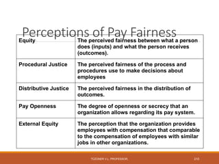 Perceptions of Pay Fairness
Equity The perceived fairness between what a person
does (inputs) and what the person receives
(outcomes).
Procedural Justice The perceived fairness of the process and
procedures use to make decisions about
employees
Distributive Justice The perceived fairness in the distribution of
outcomes.
Pay Openness The degree of openness or secrecy that an
organization allows regarding its pay system.
External Equity The perception that the organization provides
employees with compensation that comparable
to the compensation of employees with similar
jobs in other organizations.
TÜZÜNER V.L. PROFESSOR, 210
 