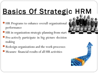 Basics Of Strategic HRM
HR Programs to enhance overall organizational
performance
HR in organization strategic planning from start
Pro-actively participate in big picture decision
making
Redesign organizations and the work processes
Measure financial results of all HR activities
 