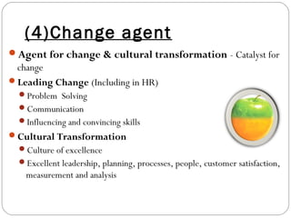 (4)Change agent
Agent for change & cultural transformation - Catalyst for
change
Leading Change (Including in HR)
Problem Solving
Communication
Influencing and convincing skills
Cultural Transformation
Culture of excellence
Excellent leadership, planning, processes, people, customer satisfaction,
measurement and analysis
 