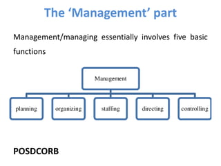 The ‘Management’ part
Management/managing essentially involves five basic
functions
POSDCORB
 