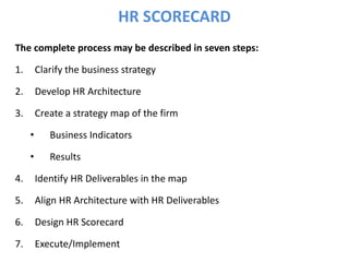 The complete process may be described in seven steps:
1. Clarify the business strategy
2. Develop HR Architecture
3. Create a strategy map of the firm
• Business Indicators
• Results
4. Identify HR Deliverables in the map
5. Align HR Architecture with HR Deliverables
6. Design HR Scorecard
7. Execute/Implement
HR SCORECARD
 
