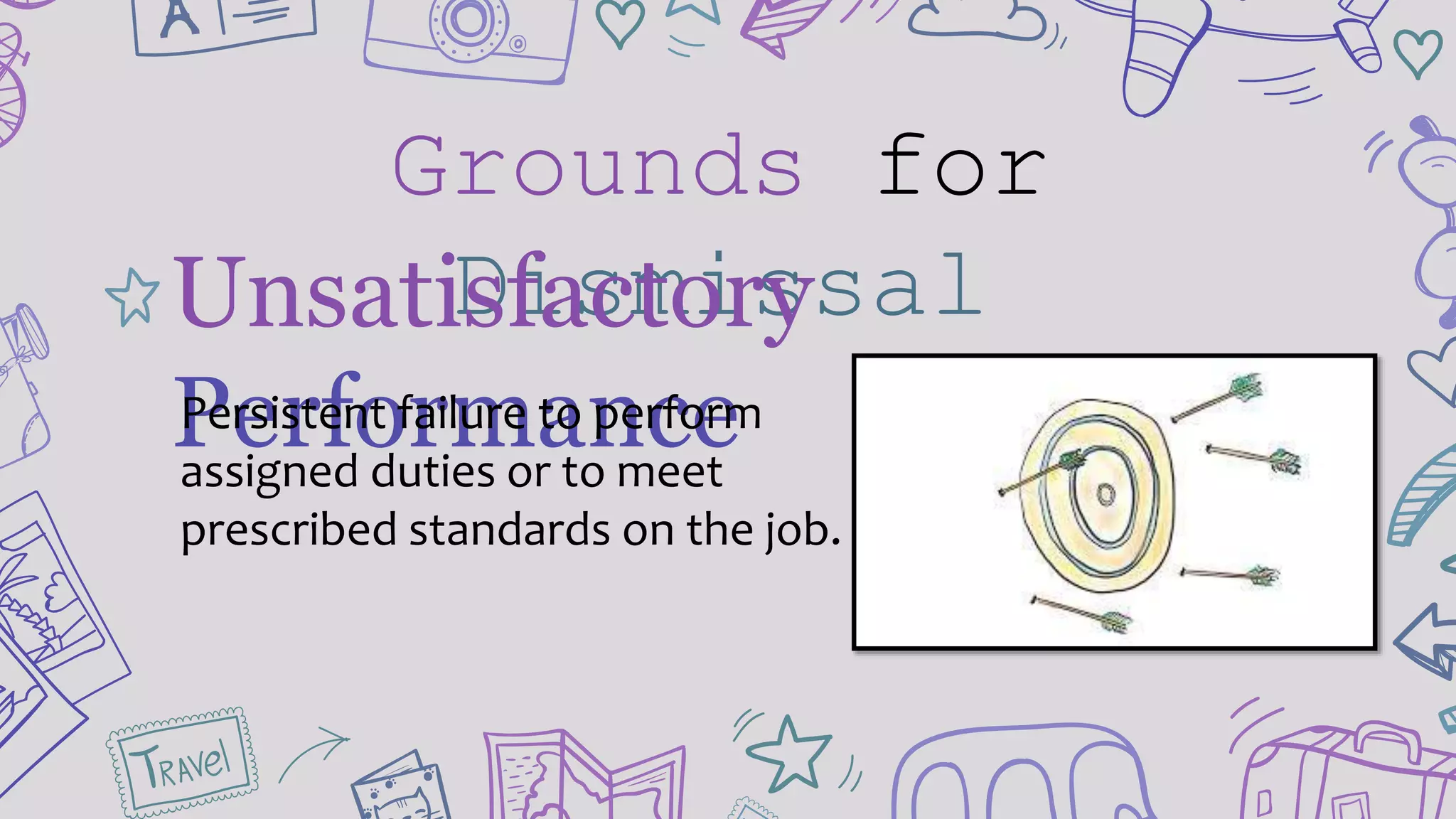 Grounds for
DismissalUnsatisfactory
PerformancePersistent failure to perform
assigned duties or to meet
prescribed standards on the job.
 