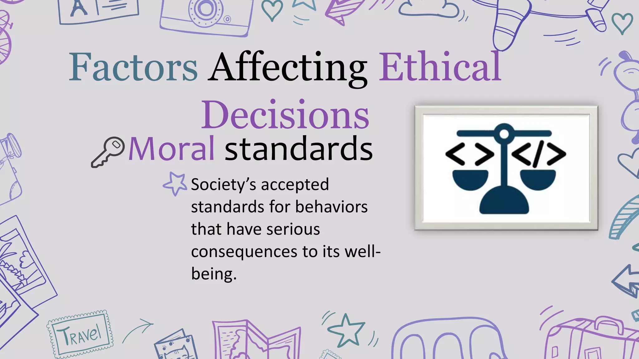 Society’s accepted
standards for behaviors
that have serious
consequences to its well-
being.
Factors Affecting Ethical
Decisions
Moral standards
 