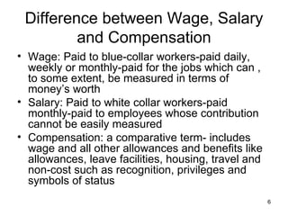 Difference between Wage, Salary and Compensation Wage: Paid to blue-collar workers-paid daily, weekly or monthly-paid for the jobs which can , to some extent, be measured in terms of money’s worth Salary: Paid to white collar workers-paid monthly-paid to employees whose contribution cannot be easily measured Compensation: a comparative term- includes wage and all other allowances and benefits like allowances, leave facilities, housing, travel and non-cost such as recognition, privileges and symbols of status 
