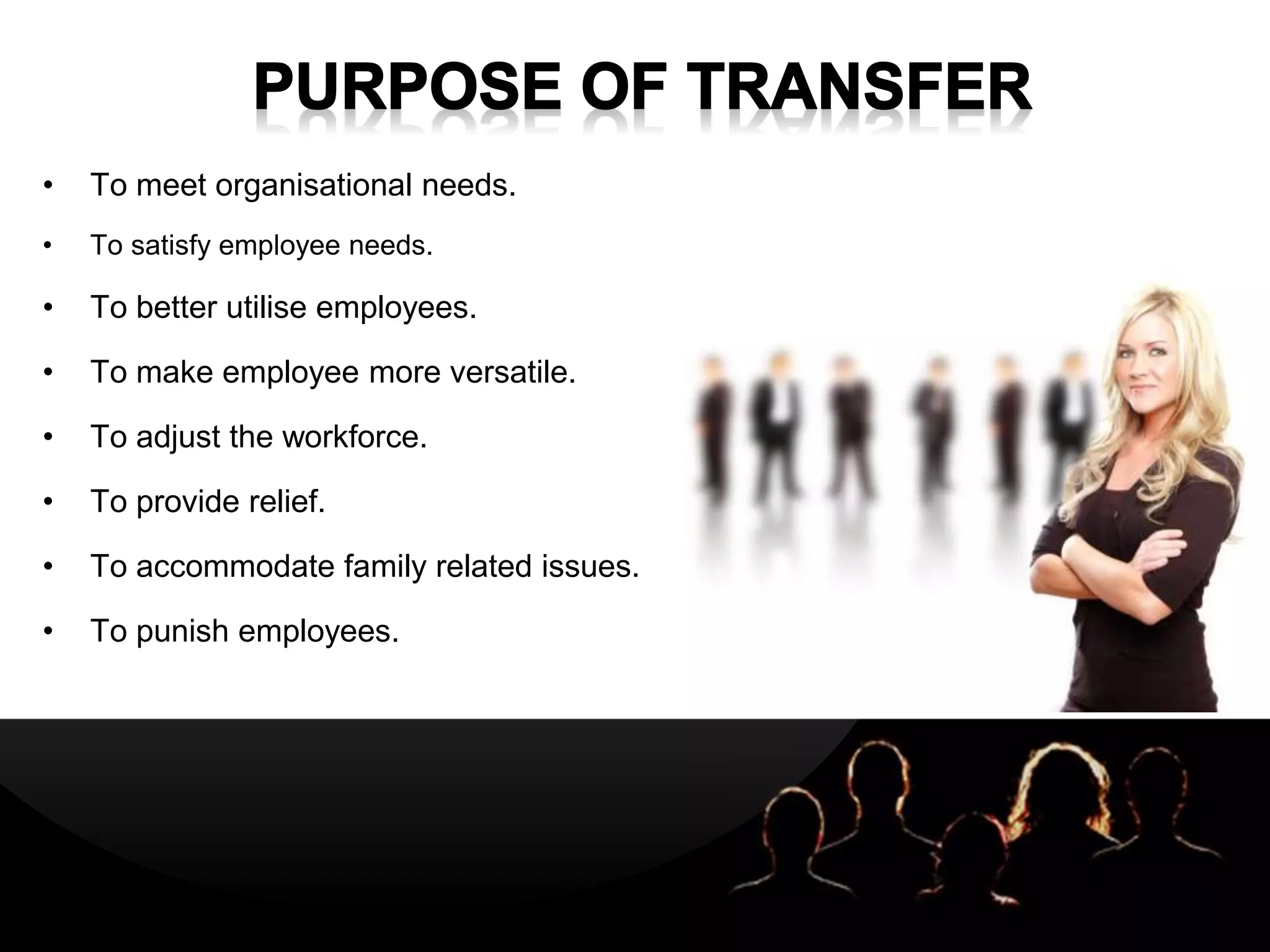 LOGOLOGO
• To meet organisational needs.
• To satisfy employee needs.
• To better utilise employees.
• To make employee more versatile.
• To adjust the workforce.
• To provide relief.
• To accommodate family related issues.
• To punish employees.
 