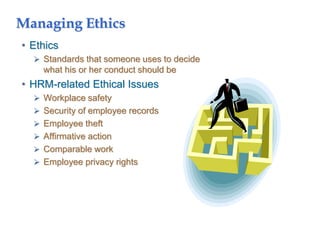 Managing Ethics
• Ethics
 Standards that someone uses to decide
what his or her conduct should be
• HRM-related Ethical Issues
 Workplace safety
 Security of employee records
 Employee theft
 Affirmative action
 Comparable work
 Employee privacy rights
 