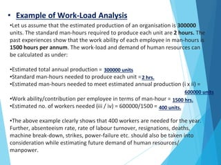 • Example of Work-Load Analysis
•Let us assume that the estimated production of an organisation is 300000
units. The standard man-hours required to produce each unit are 2 hours. The
past experiences show that the work ability of each employee in man-hours is
1500 hours per annum. The work-load and demand of human resources can
be calculated as under:
▪Estimated total annual production =
▪Standard man-hours needed to produce each unit =
▪Estimated man-hours needed to meet estimated annual production (i x ii) =
▪Work ability/contribution per employee in terms of man-hour =
▪Estimated no. of workers needed (iii / iv) = 600000/1500 =
▪The above example clearly shows that 400 workers are needed for the year.
Further, absenteeism rate, rate of labour turnover, resignations, deaths,
machine break-down, strikes, power-failure etc. should also be taken into
consideration while estimating future demand of human resources/
manpower.
300000 units
2 hrs.
600000 units
1500 hrs.
400 units.
 