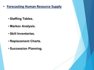 • Forecasting Human Resource Supply
• Staffing Tables.
• Markov Analysis.
• Skill Inventories.
• Replacement Charts.
• Succession Planning.
 