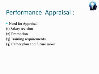 Performance Appraisal :
 Need for Appraisal :
(1) Salary revision
(2) Promotion
(3) Training requirements
(4) Career plan and future move
 
