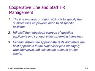 Cooperative Line and Staff HR Management The line manager’s responsibility is to specify the qualifications employees need to fill specific positions. HR staff then develops sources of qualified applicants and conduct initial screening interviews HR administers the appropriate tests and refers the best applicants to the supervisor (line manager), who interviews and selects the ones he or she wants. 