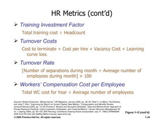 HR Metrics (cont’d) Training Investment Factor Total training cost ÷ Headcount Turnover Costs Cost to terminate + Cost per hire + Vacancy Cost + Learning curve loss Turnover Rate [Number of separations during month ÷ Average number of employees during month] × 100 Workers’ Compensation Cost per Employee Total WC cost for Year ÷ Average number of employees Figure 1 –5  (cont’d) Sources:  Robert Grossman, “Measuring Up,”  HR Magazine , January 2000, pp. 29–35; Peter V. Le Blanc, Paul Mulvey, and Jude T. Rich, “Improving the Return on Human Capital: New Metrics,”  Compensation and Benefits Review , January/February 2000, pp. 13–20;Thomas E. Murphy and Sourushe Zandvakili, “Data and Metrics-Driven Approach to Human Resource Practices: Using Customers, Employees, and Financial Metrics,”  Human Resource Management  39, no. 1 (Spring 2000), pp. 93–105; [ HR Planning , Commerce Clearing House Incorporated, July 17, 1996;]  SHRM/EMA 2000 Cost Per Hire and Staffing Metrics Survey ; www.shrm.org. 