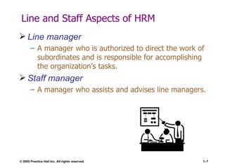 Line and Staff Aspects of HRM Line manager A manager who is authorized to direct the work of subordinates and is responsible for accomplishing the organization’s tasks. Staff manager A manager who assists and advises line managers. 