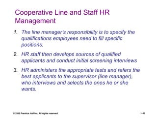 © 2005 Prentice Hall Inc. All rights reserved. 1–15
Cooperative Line and Staff HR
Management
1. The line manager’s responsibility is to specify the
qualifications employees need to fill specific
positions.
2. HR staff then develops sources of qualified
applicants and conduct initial screening interviews
3. HR administers the appropriate tests and refers the
best applicants to the supervisor (line manager),
who interviews and selects the ones he or she
wants.
 