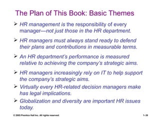 © 2005 Prentice Hall Inc. All rights reserved. 1–30
The Plan of This Book: Basic Themes
 HR management is the responsibility of every
manager—not just those in the HR department.
 HR managers must always stand ready to defend
their plans and contributions in measurable terms.
 An HR department’s performance is measured
relative to achieving the company’s strategic aims.
 HR managers increasingly rely on IT to help support
the company’s strategic aims.
 Virtually every HR-related decision managers make
has legal implications.
 Globalization and diversity are important HR issues
today.
 