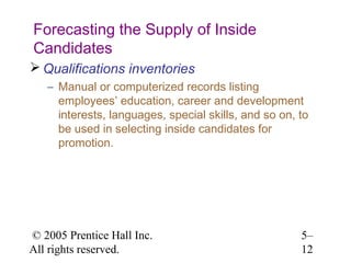 Forecasting the Supply of Inside
Candidates
 Qualifications inventories
   – Manual or computerized records listing
     employees’ education, career and development
     interests, languages, special skills, and so on, to
     be used in selecting inside candidates for
     promotion.




© 2005 Prentice Hall Inc.                             5–
All rights reserved.                                  12
 