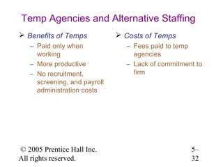Temp Agencies and Alternative Staffing
 Benefits of Temps            Costs of Temps
   – Paid only when             – Fees paid to temp
     working                      agencies
   – More productive            – Lack of commitment to
   – No recruitment,              firm
     screening, and payroll
     administration costs




© 2005 Prentice Hall Inc.                          5–
All rights reserved.                               32
 