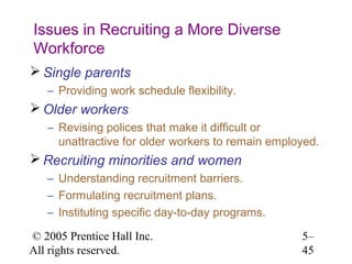 Issues in Recruiting a More Diverse
Workforce
 Single parents
   – Providing work schedule flexibility.
 Older workers
   – Revising polices that make it difficult or
     unattractive for older workers to remain employed.
 Recruiting minorities and women
   – Understanding recruitment barriers.
   – Formulating recruitment plans.
   – Instituting specific day-to-day programs.

© 2005 Prentice Hall Inc.                          5–
All rights reserved.                               45
 