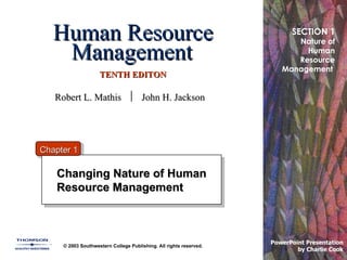 Human Resource Management   TENTH EDITON Changing Nature of Human Resource Management © 2003 Southwestern College Publishing. All rights reserved. Chapter 1 Robert L. Mathis     John H. Jackson PowerPoint Presentation  by Charlie Cook SECTION 1 Nature of Human Resource Management  