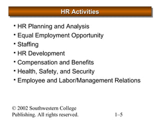 HHHHRRRR AAAAccccttttiiiivvvviiiittttiiiieeeessss 
 HR Planning and Analysis 
 Equal Employment Opportunity 
 Staffing 
 HR Development 
 Compensation and Benefits 
 Health, Safety, and Security 
 Employee and Labor/Management Relations 
© 2002 Southwestern College 
Publishing. All rights reserved. 1–5 
 