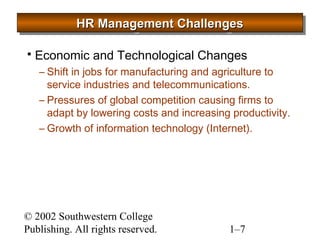 HHHHRRRR MMMMaaaannnnaaaaggggeeeemmmmeeeennnntttt CCCChhhhaaaalllllllleeeennnnggggeeeessss 
 Economic and Technological Changes 
– Shift in jobs for manufacturing and agriculture to 
service industries and telecommunications. 
– Pressures of global competition causing firms to 
adapt by lowering costs and increasing productivity. 
– Growth of information technology (Internet). 
© 2002 Southwestern College 
Publishing. All rights reserved. 1–7 
 