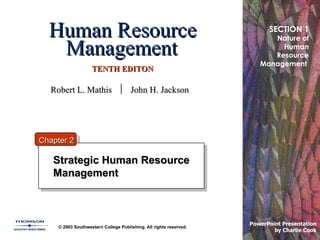 Human Resource Management   TENTH EDITON Strategic Human Resource Management © 2003 Southwestern College Publishing. All rights reserved. PowerPoint Presentation  by Charlie Cook SECTION 1 Nature of Human Resource Management  Chapter 2 Robert L. Mathis     John H. Jackson 