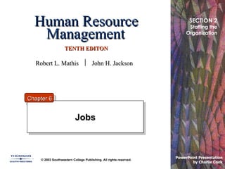 Human Resource Management   TENTH EDITON Jobs © 2003 Southwestern College Publishing. All rights reserved. PowerPoint Presentation  by Charlie Cook Chapter 6 SECTION 2 Staffing the Organization Robert L. Mathis     John H. Jackson 