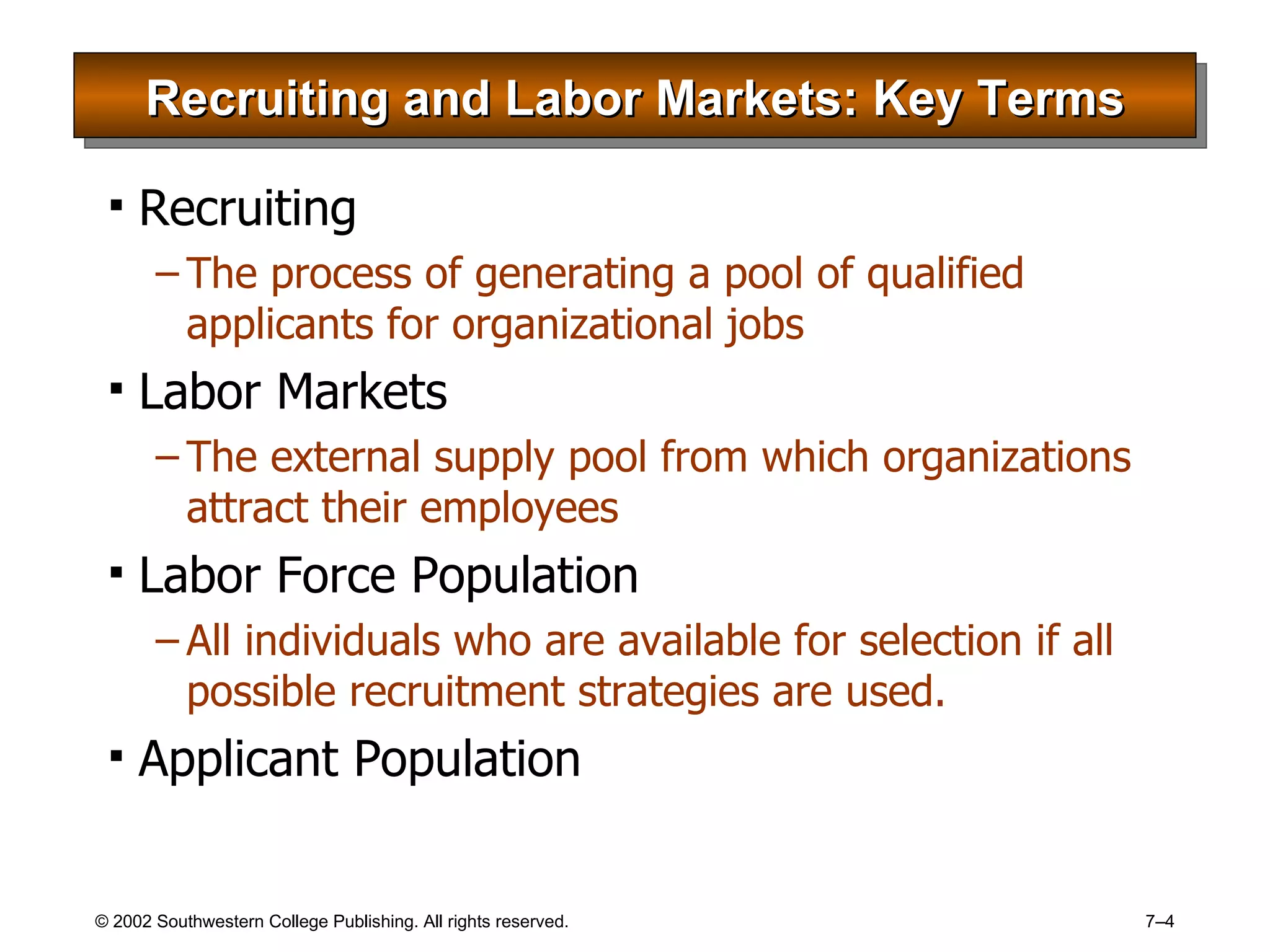 Recruiting and Labor Markets: Key Terms Recruiting The process of generating a pool of qualified applicants for organizational jobs Labor Markets The external supply pool from which organizations attract their employees Labor Force Population All individuals who are available for selection if all possible recruitment strategies are used. Applicant Population 