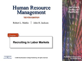 Human Resource Management   TENTH EDITON Recruiting in Labor Markets © 2003 Southwestern College Publishing. All rights reserved. PowerPoint Presentation  by Charlie Cook Chapter 7 SECTION 2 Staffing the Organization Robert L. Mathis     John H. Jackson 