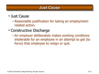 Just Cause Just Cause Reasonable justification for taking an employment-related action. Constructive Discharge An employer deliberately makes working conditions intolerable for an employee in an attempt to get (to force) that employee to resign or quit. 
