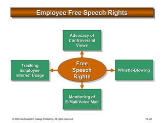 Employee Free Speech Rights Free Speech Rights Tracking Employee Internet Usage Advocacy of Controversial Views Whistle-Blowing Monitoring of E-Mail/Voice Mail 
