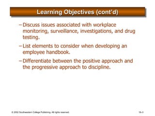 Learning Objectives (cont’d) Discuss issues associated with workplace monitoring, surveillance, investigations, and drug testing. List elements to consider when developing an employee handbook. Differentiate between the positive approach and the progressive approach to discipline. 