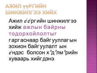 Ажил ¿ ¿ ргийн шинжилгээ
хийж ажлын байрны
тодорхойлолтыг
гаргаснаар байгууллагын
зохион байгуулалт ын
¿ ндэс болсон хºдºлмºрийн
хуваарь хийгдэнэ.
 
