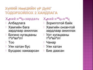 Х¿ний нºº - :ц зардал
 Албадлага
 Хамгийн бага
зардлаар ажиллах
 Богино хугацааны
тºлºвлºлт
 Тоо
 Уян хатан бус
 Бусдаас хамаарсан
Х¿ний нºº -ц нººц
 Зорилготой байх
 Хамгийн оновчтой
зардлаар ажиллах
 Урт хугацааны
тºлºвлºлт
 Чанар
 Уян хатан
 Бие даасан
 