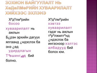 Хºдºлмºрийн
босоо
хуваарилалт нь
ажлын
Б¿рэн эрхийн дагуух
ялгаанд ¿ндэслэх ба
энэ ¿ед
удирдлагын
Тºвшинг¿¿д бий
болно.
Хºдºлмºрийн
хэвтээ
хуваарилалт
гэдэг нь ажлын
тºрºлжилтºнд
¿ндэслэх ба
ингэснээр хэлтэс
албадууд бий
болох юм.
 